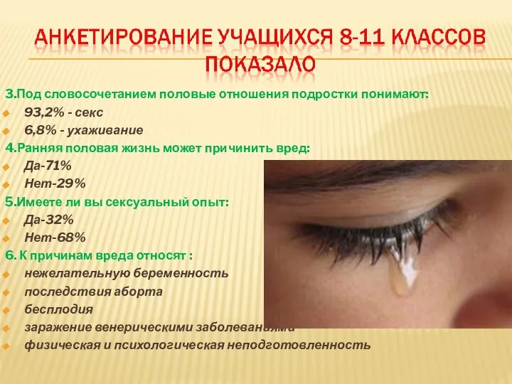 3.Под словосочетанием половые отношения подростки понимают: 93,2% - секс 6,8% -