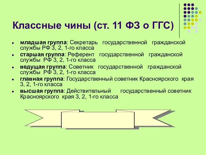 Классные чины (ст. 11 ФЗ о ГГС) младшая группа: Секретарь государственной