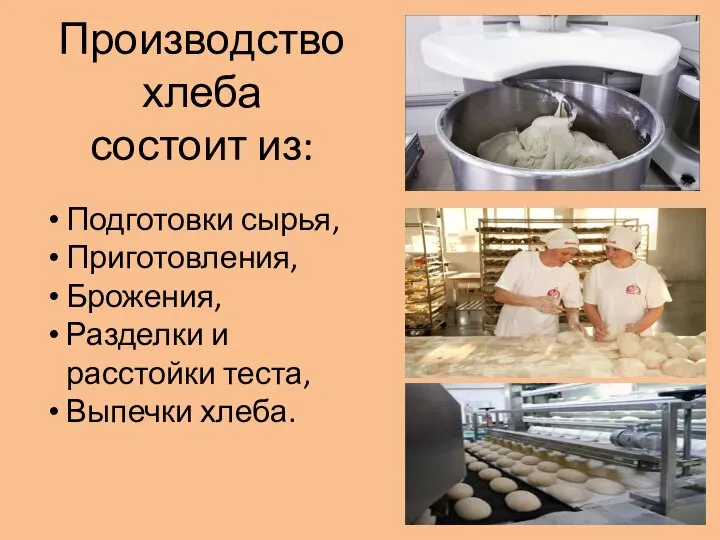 Производство хлеба состоит из: Подготовки сырья, Приготовления, Брожения, Разделки и расстойки теста, Выпечки хлеба.