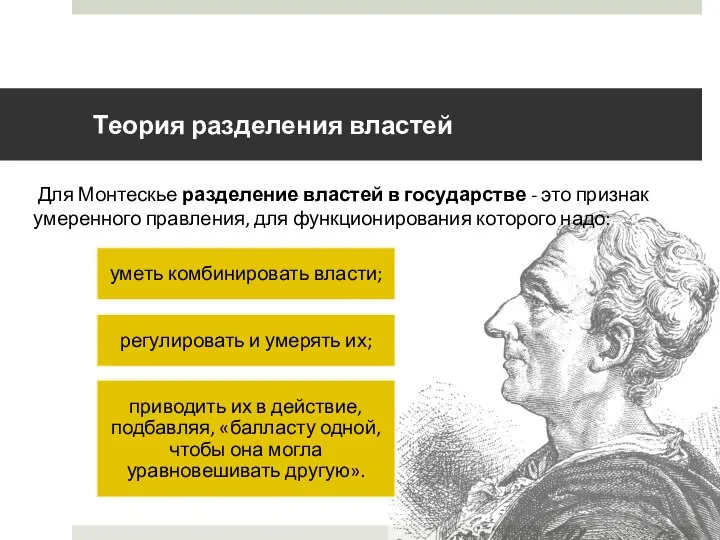 Теория разделения властей Для Монтескье разделение властей в государстве - это