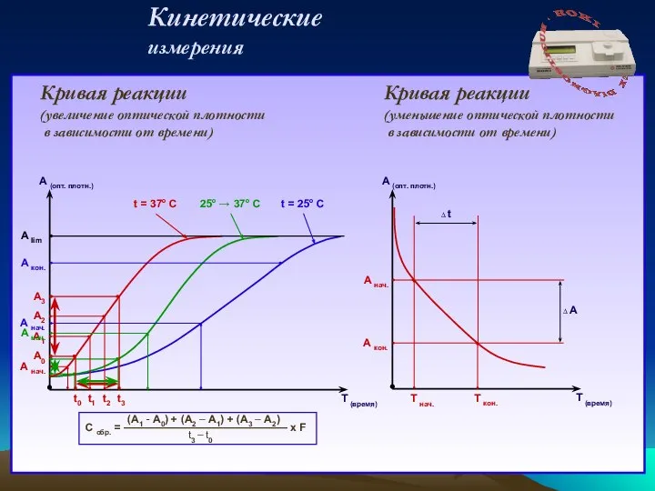 Кинетические измерения Т (время) А (опт. плотн.) t0 t1 t2 t3