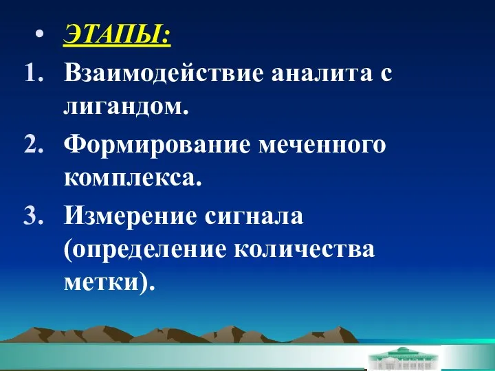 ЭТАПЫ: Взаимодействие аналита с лигандом. Формирование меченного комплекса. Измерение сигнала (определение количества метки).