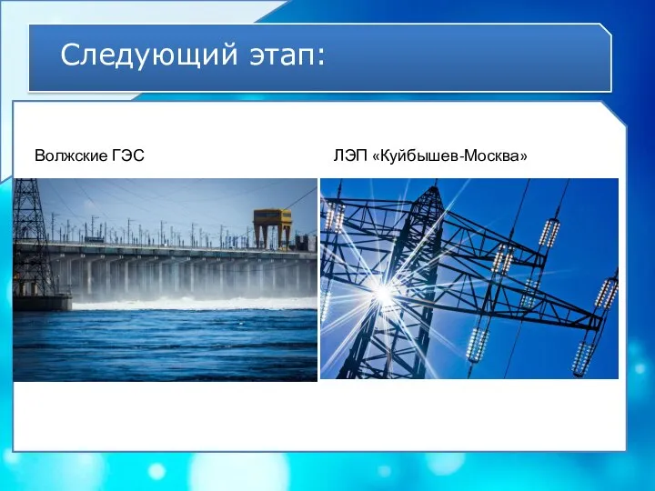 Следующий этап: Текст слайда Волжские ГЭС ЛЭП «Куйбышев-Москва»