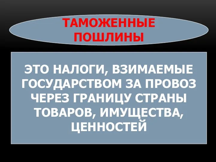 ТАМОЖЕННЫЕ ПОШЛИНЫ ЭТО НАЛОГИ, ВЗИМАЕМЫЕ ГОСУДАРСТВОМ ЗА ПРОВОЗ ЧЕРЕЗ ГРАНИЦУ СТРАНЫ ТОВАРОВ, ИМУЩЕСТВА, ЦЕННОСТЕЙ