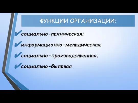 ФУНКЦИИ ОРГАНИЗАЦИИ: социально-техническая; информационно-методическая; социально-производственная; социально-бытовая.