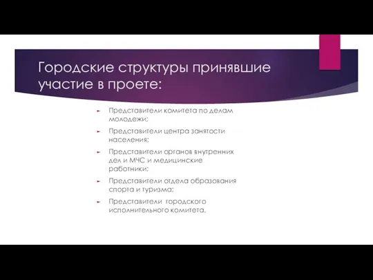 Городские структуры принявшие участие в проете: Представители комитета по делам молодежи;