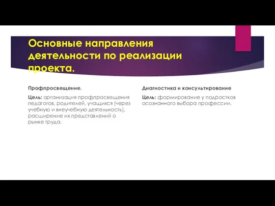 Основные направления деятельности по реализации проекта. Профпросвещение. Цель: организация профпросвещения педагогов,