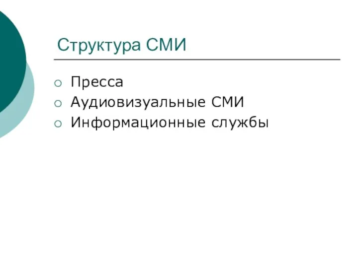 Структура СМИ Пресса Аудиовизуальные СМИ Информационные службы