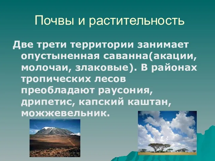 Почвы и растительность Две трети территории занимает опустыненная саванна(акации, молочаи, злаковые).