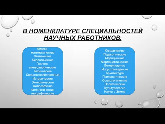 В номенклатуре специальностей научных работников: Физико-математические Химические Биологические Геолого-минералогические Технические Сельскохозяйственные