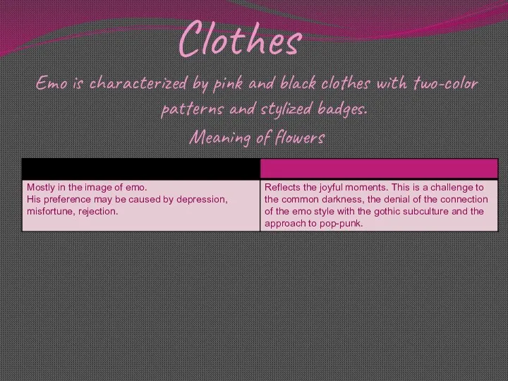 Clothes Emo is characterized by pink and black clothes with two-color