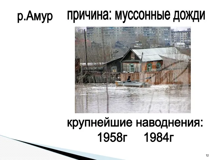 р.Амур причина: муссонные дожди крупнейшие наводнения: 1958г 1984г