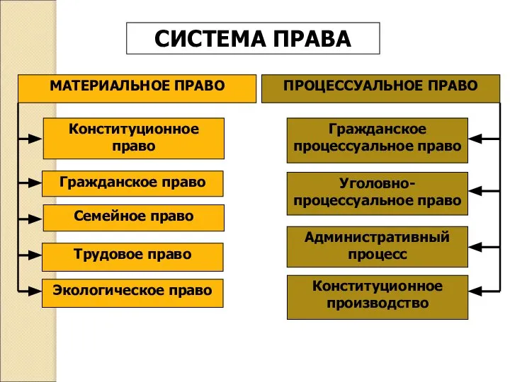 СИСТЕМА ПРАВА МАТЕРИАЛЬНОЕ ПРАВО ПРОЦЕССУАЛЬНОЕ ПРАВО Конституционное право Гражданское право Семейное