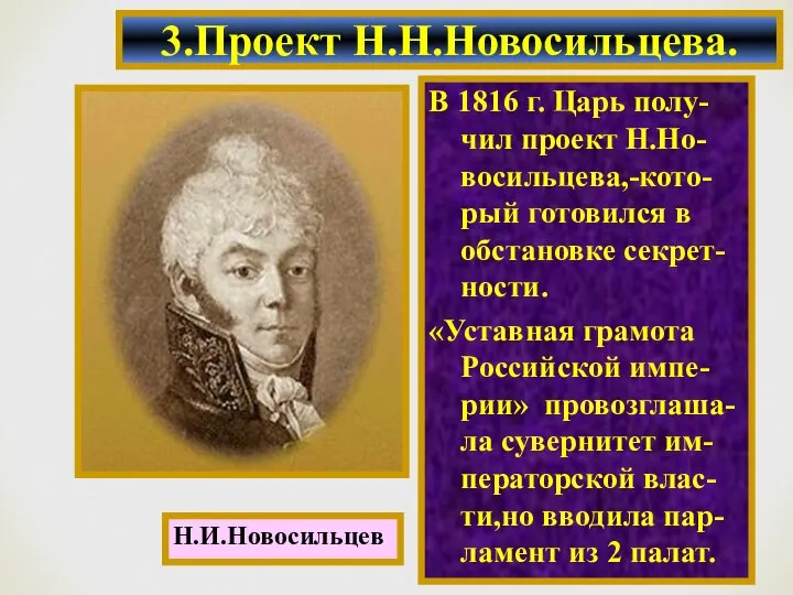 3.Проект Н.Н.Новосильцева. В 1816 г. Царь полу-чил проект Н.Но-восильцева,-кото-рый готовился в