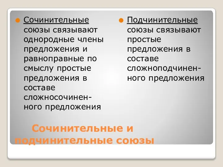 Сочинительные и подчинительные союзы Сочинительные союзы связывают однородные члены предложения и