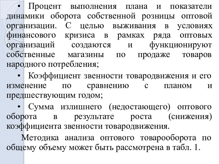 • Процент выполнения плана и показатели динамики оборота собственной розницы оптовой