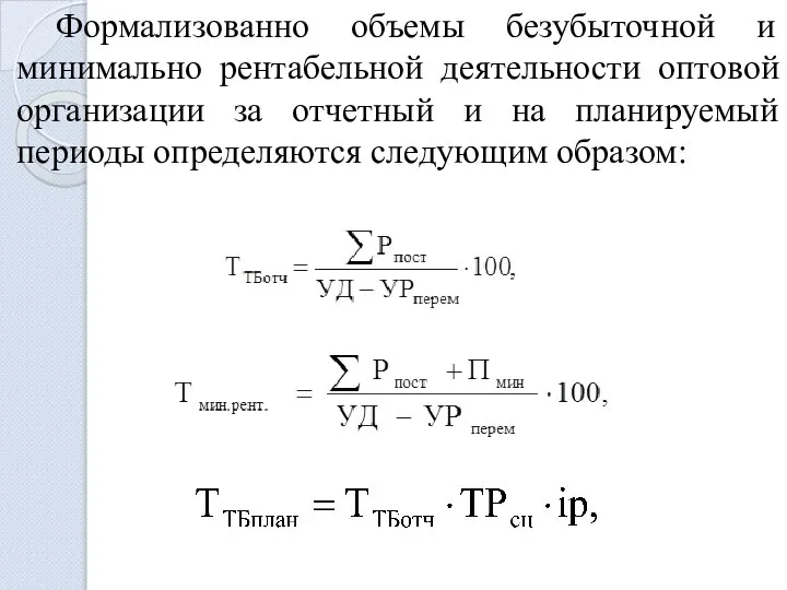 Формализованно объемы безубыточной и минимально рентабельной деятельности оптовой организации за отчетный