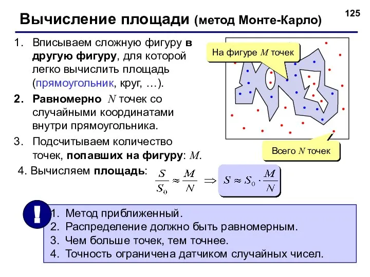 Вычисление площади (метод Монте-Карло) Вписываем сложную фигуру в другую фигуру, для