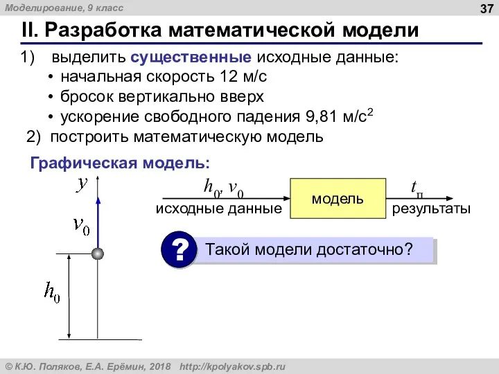 II. Разработка математической модели выделить существенные исходные данные: начальная скорость 12