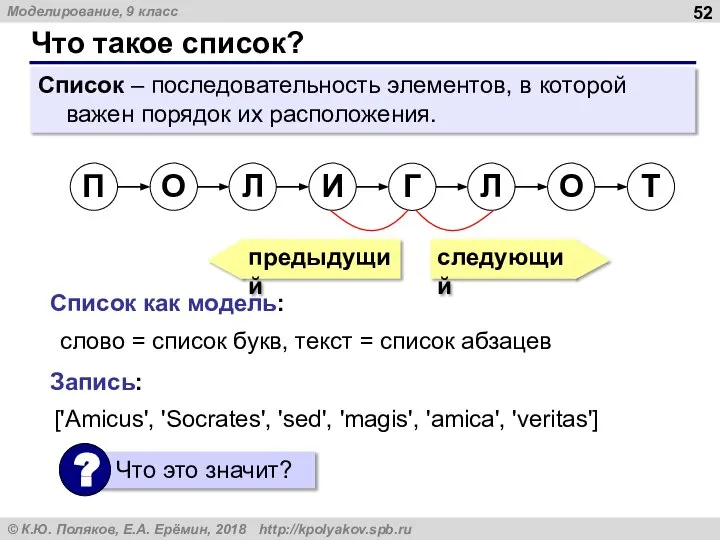 Что такое список? Список – последовательность элементов, в которой важен порядок