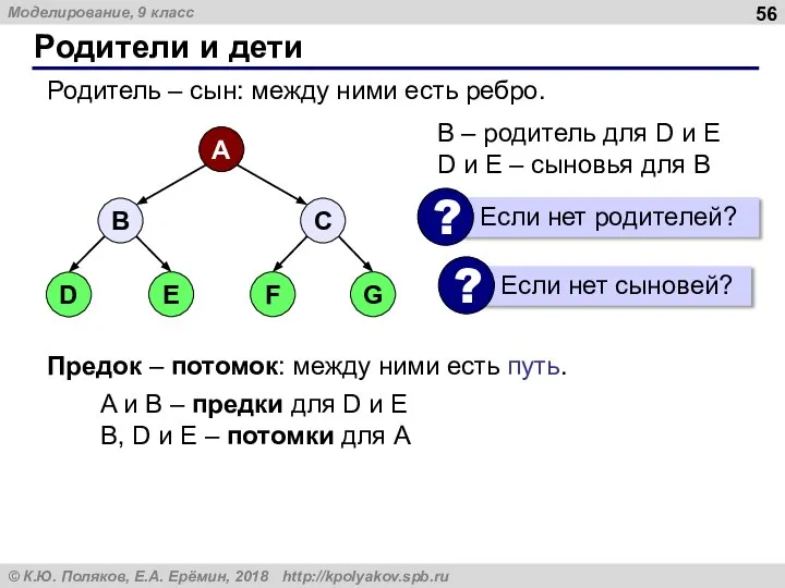 Родители и дети B – родитель для D и E D