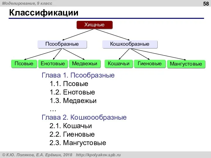 Классификации Глава 1. Псообразные 1.1. Псовые 1.2. Енотовые 1.3. Медвежьи …