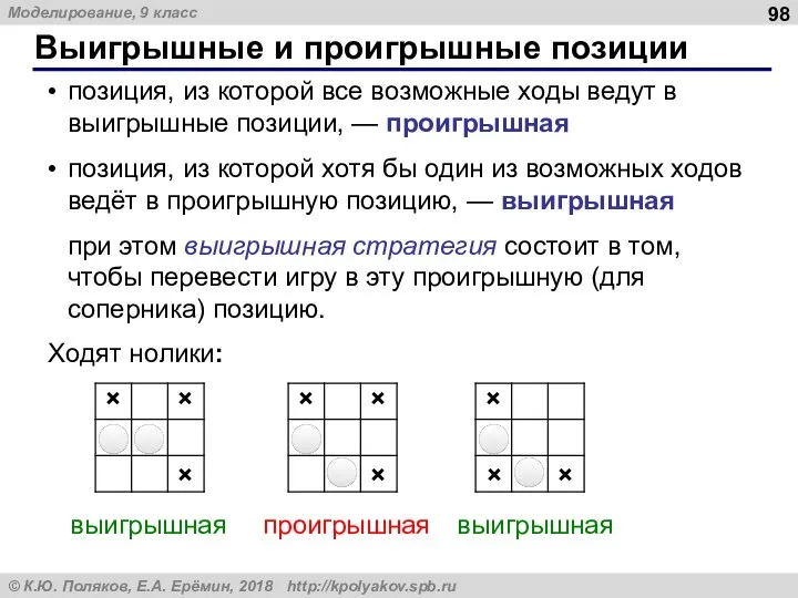 Выигрышные и проигрышные позиции позиция, из которой все возможные ходы ведут