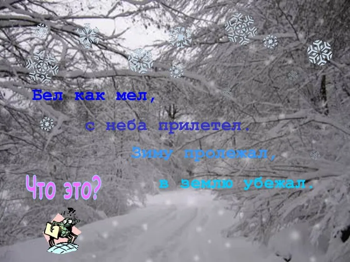 Бел как мел, Что это? с неба прилетел. Зиму пролежал, в землю убежал.
