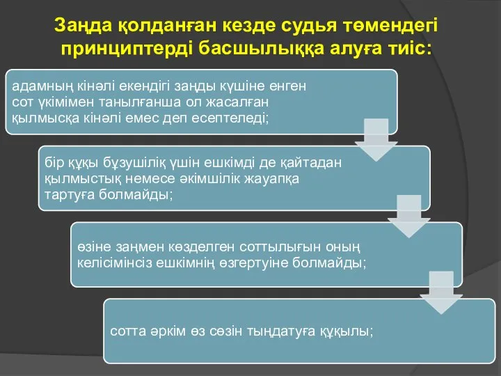 Заңда қолданған кезде судья төмендегі принциптерді басшылыққа алуға тиіс: