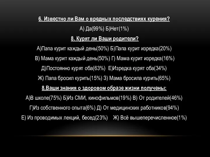 6. Известно ли Вам о вредных последствиях курения? А) Да(99%) Б)Нет(1%)