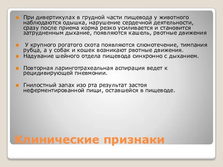 Клинические признаки При дивертикулах в грудной части пищевода у животного наблюдаются