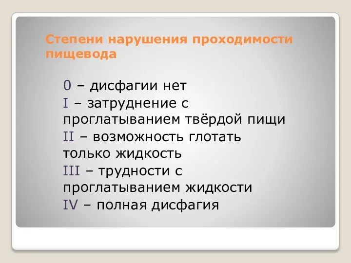 Степени нарушения проходимости пищевода 0 – дисфагии нет I – затруднение