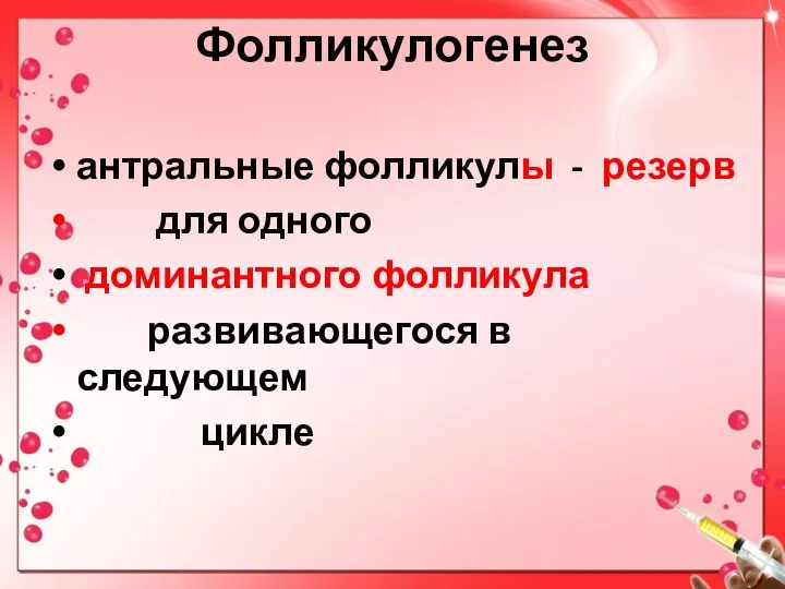 Фолликулогенез антральные фолликулы - резерв для одного доминантного фолликула развивающегося в следующем цикле