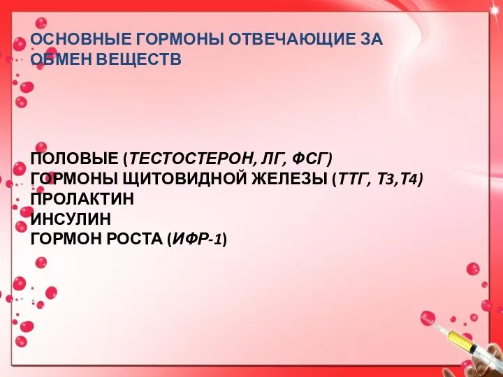 половые (тестостерон, ЛГ, ФСГ) гормоны щитовидной железы (ТТГ, Т3,Т4) ПРОЛАКТИН ИНСУЛИН