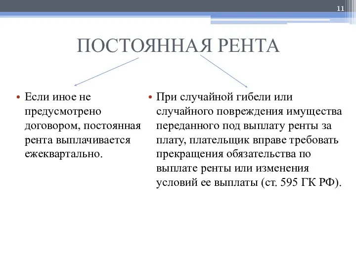 ПОСТОЯННАЯ РЕНТА Если иное не предусмотрено договором, постоянная рента выплачивается ежеквартально.