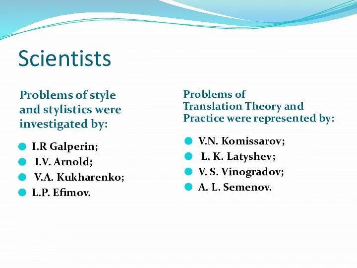 Scientists Problems of style and stylistics were investigated by: Problems of