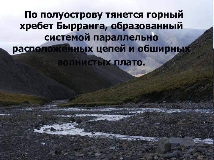 По полуострову тянется горный хребет Бырранга, образованный системой параллельно расположенных цепей и обширных волнистых плато.