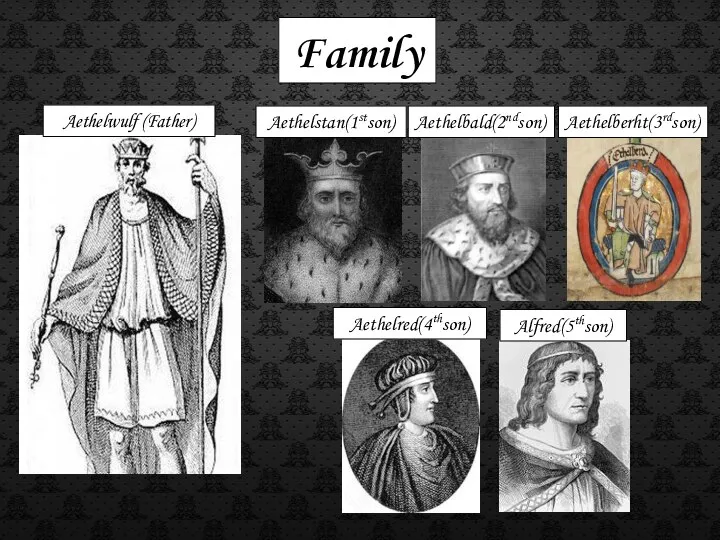 Family Aethelwulf (Father) Aethelstan(1stson) Aethelbald(2ndson) Aethelberht(3rdson) Aethelred(4thson) Alfred(5thson)