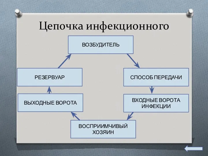 Цепочка инфекционного процесса ВХОДНЫЕ ВОРОТА ИНФЕКЦИИ ВОСПРИИМЧИВЫЙ ХОЗЯИН ВОЗБУДИТЕЛЬ РЕЗЕРВУАР СПОСОБ ПЕРЕДАЧИ ВЫХОДНЫЕ ВОРОТА