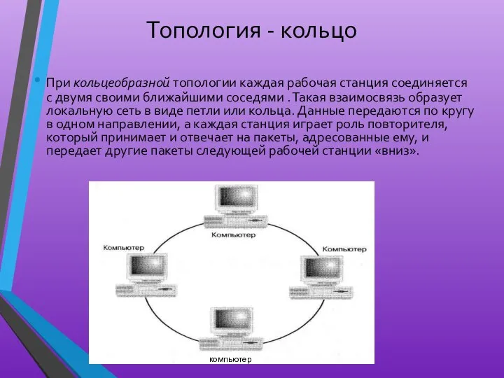 Топология - кольцо При кольцеобразной топологии каждая рабочая станция соединяется с