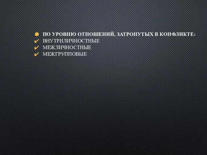 ПО УРОВНЮ ОТНОШЕНИЙ, ЗАТРОНУТЫХ В КОНФЛИКТЕ: ВНУТРИЛИЧНОСТНЫЕ МЕЖЛИЧНОСТНЫЕ МЕЖГРУППОВЫЕ