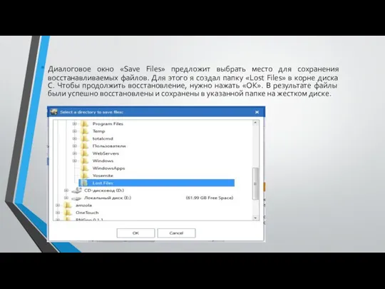 Диалоговое окно «Save Files» предложит выбрать место для сохранения восстанавливаемых файлов.