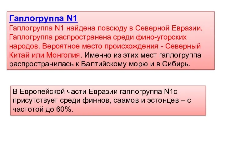 Гаплогруппа N1 Гаплогруппа N1 найдена повсюду в Северной Евразии. Гаплогруппа распространена