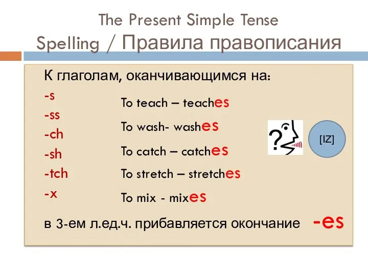 The Present Simple Tense Spelling / Правила правописания К глаголам, оканчивающимся