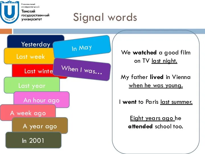 Signal words Yesterday Last winter Last year An hour ago A