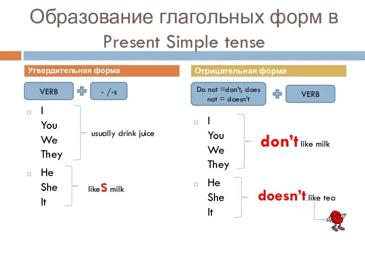 Образование глагольных форм в Present Simple tense I You We They