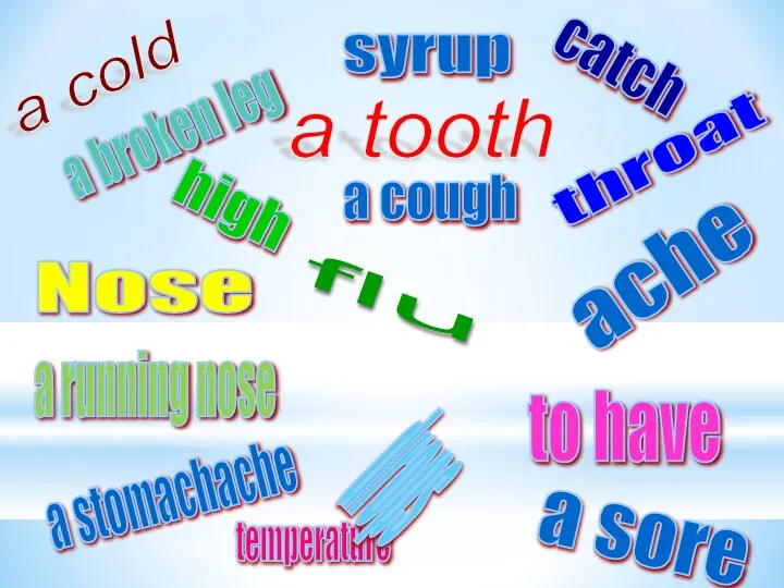 a cold a tooth flu throat Nose a sore a stomachache