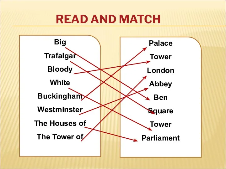 READ AND MATCH Big Trafalgar Bloody White Buckingham Westminster The Houses