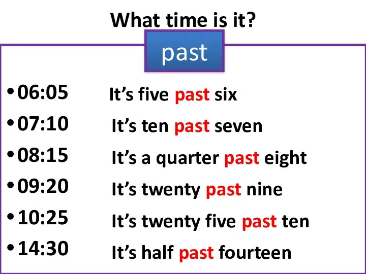 What time is it? 06:05 07:10 08:15 09:20 10:25 14:30 past