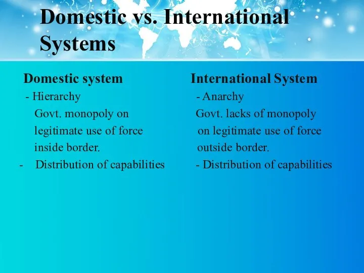 Domestic vs. International Systems Domestic system International System - Hierarchy -